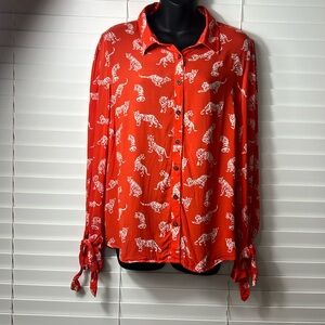 Anthropologie Vibrant Red Button Down with White Animal Print